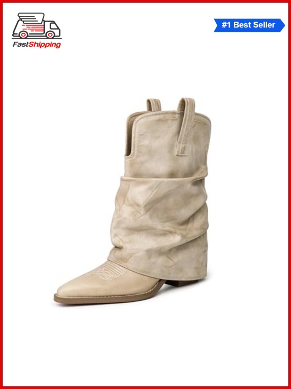 ✨ Pointed Toe Faux Leather Mid Calf Western Cowboy Boots Slouchy Pull On
